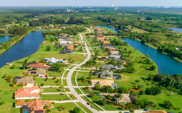 Aerial Quarter Way Down Street Northward View